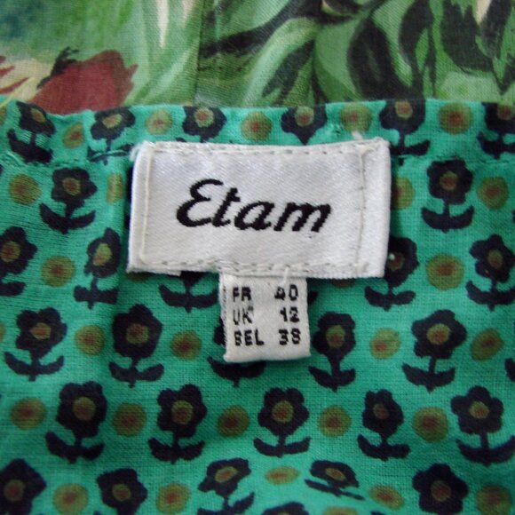 Green Floral Summer Midi Skirt Sequins Beads Cotton Made in France Size Medium - Picture 3 of 13